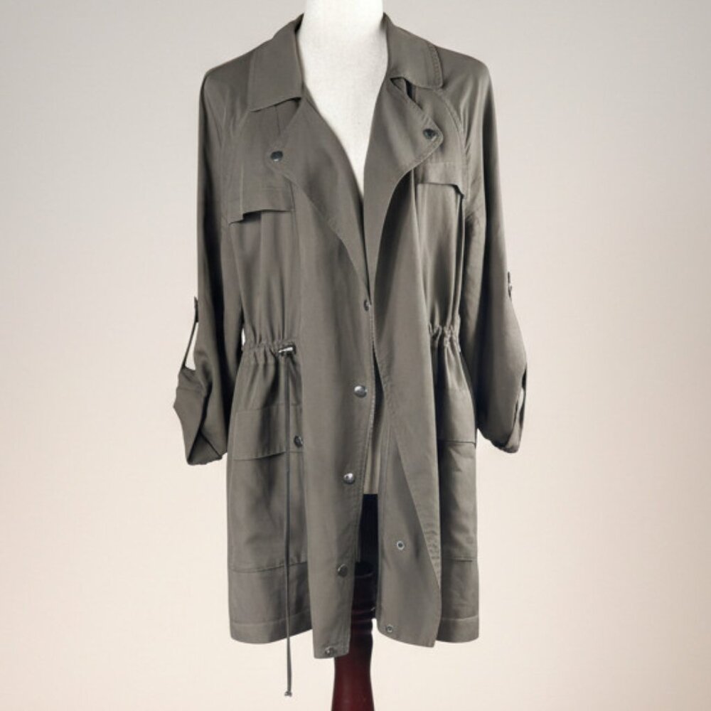 LOFT Lightweight Drapey Gray Green Mid-Length Trench Jacket Size MP